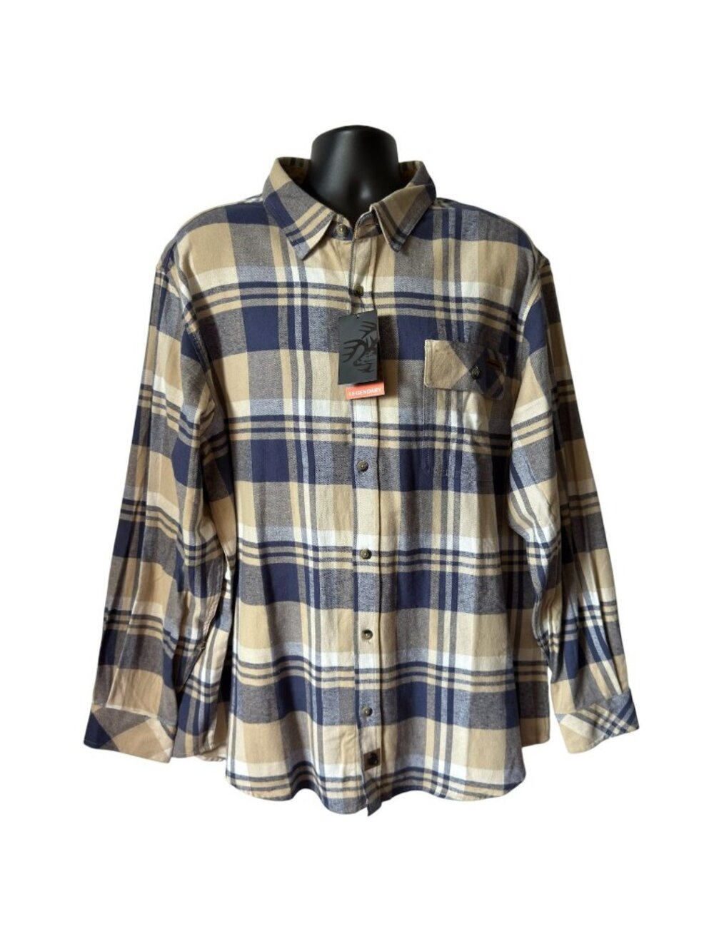 Legendary Whitetails Mens Flannel Shirt Large Plaid Beige Blue Cotton Buck Camp